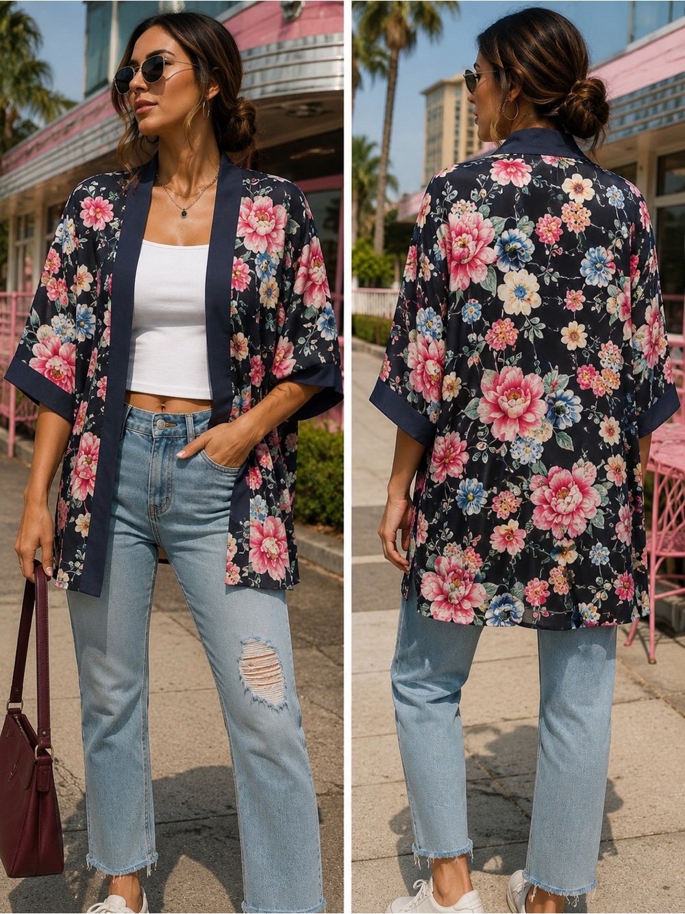 🌙✨ A. Byer Floral Kimono Cardigan Navy Blue Lace Open Front